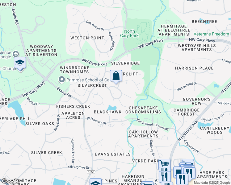 map of restaurants, bars, coffee shops, grocery stores, and more near 105 Twilight Court in Cary