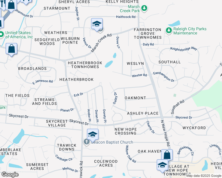 map of restaurants, bars, coffee shops, grocery stores, and more near 2605 Dality Drive in Raleigh