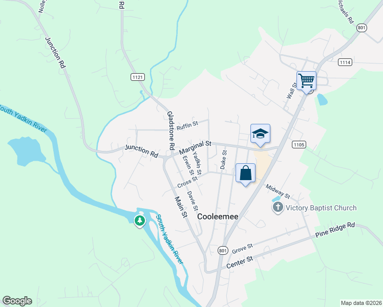map of restaurants, bars, coffee shops, grocery stores, and more near 112 Yadkin Street in Cooleemee