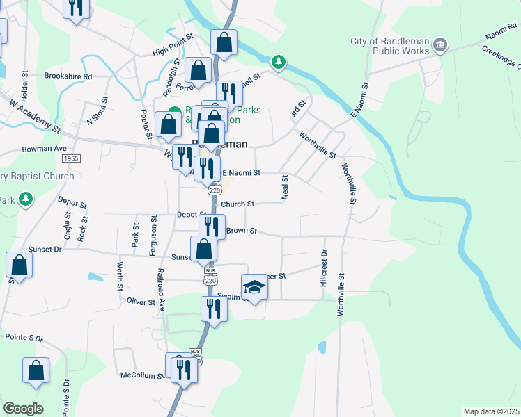 map of restaurants, bars, coffee shops, grocery stores, and more near 207 East Brown Street in Randleman