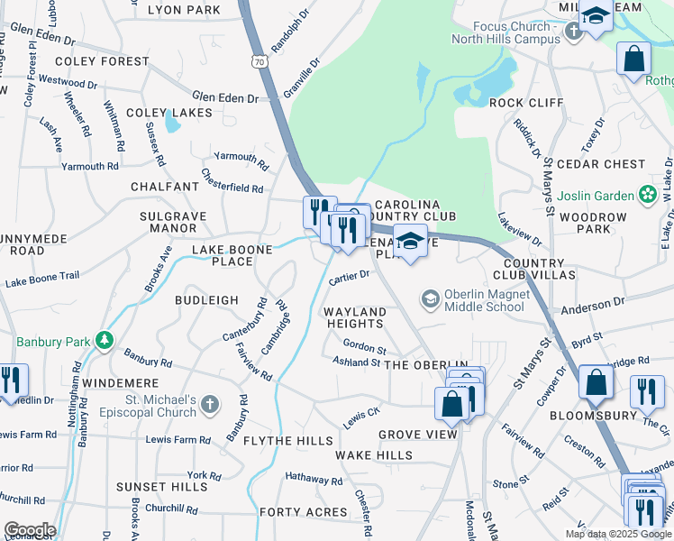 map of restaurants, bars, coffee shops, grocery stores, and more near 2709 Cartier Drive in Raleigh