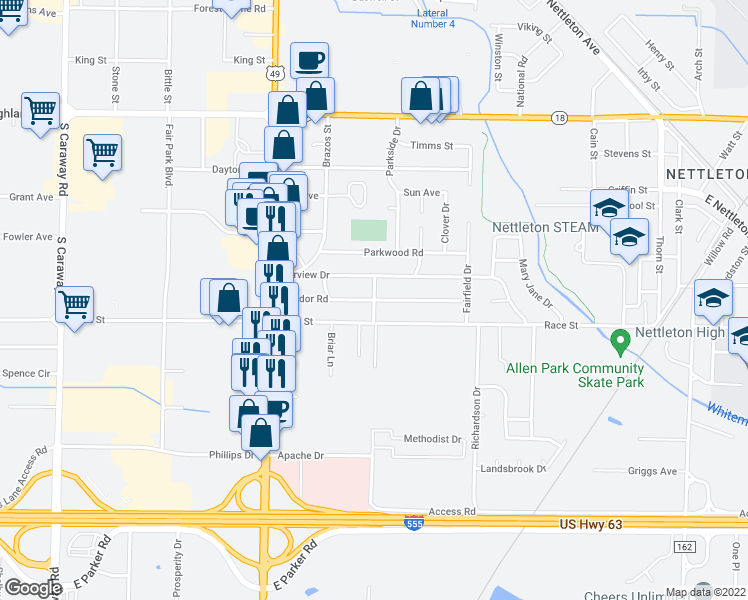 map of restaurants, bars, coffee shops, grocery stores, and more near 3123 Meador Road in Jonesboro