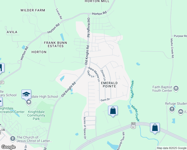 map of restaurants, bars, coffee shops, grocery stores, and more near 104 Onyx Lane in Knightdale