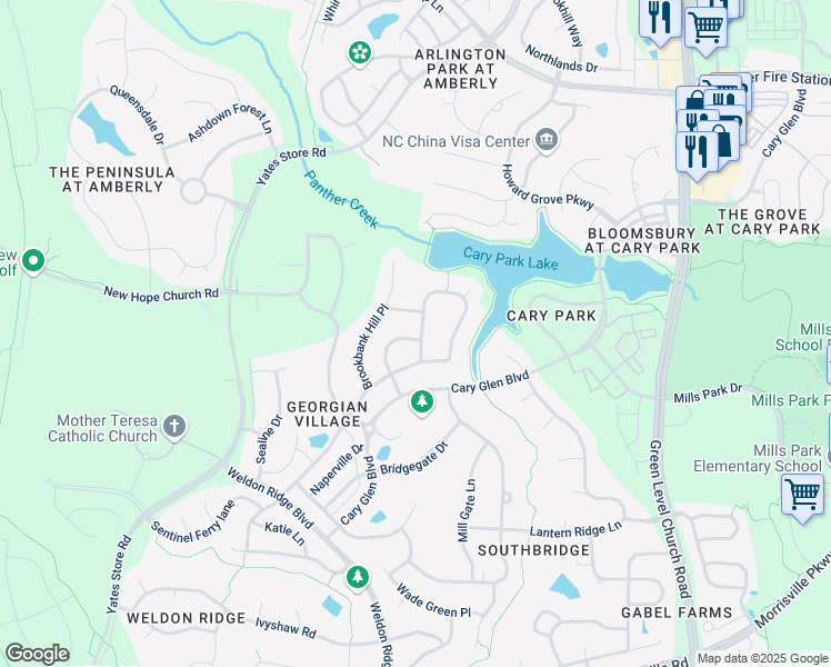 map of restaurants, bars, coffee shops, grocery stores, and more near 319 Greenfield Knoll Drive in Cary