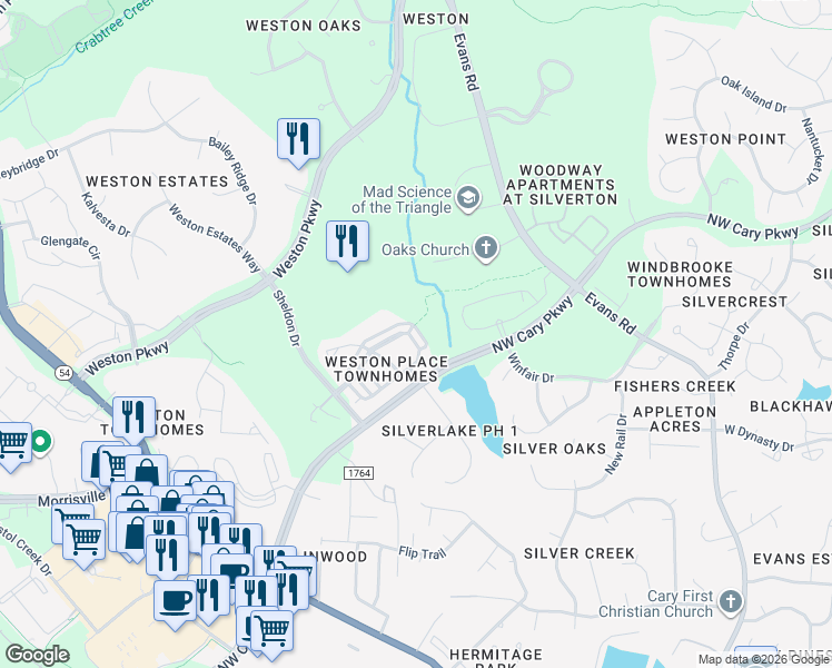 map of restaurants, bars, coffee shops, grocery stores, and more near 110 Langford Valley Way in Cary