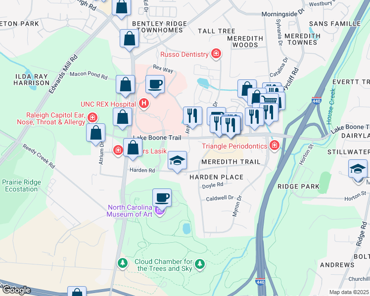 map of restaurants, bars, coffee shops, grocery stores, and more near 4201 Lake Boone Trail in Raleigh
