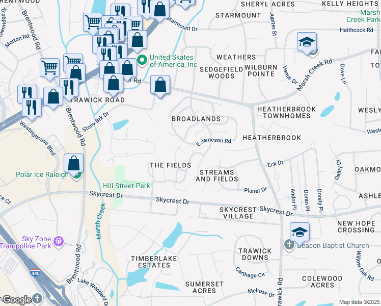 map of restaurants, bars, coffee shops, grocery stores, and more near 2601 Dermotte Lane in Raleigh