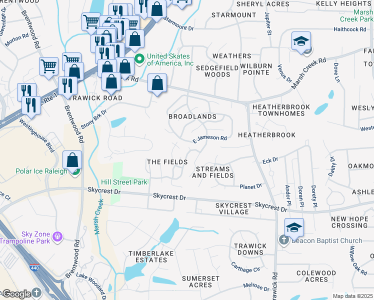 map of restaurants, bars, coffee shops, grocery stores, and more near 2601 Dermotte Lane in Raleigh