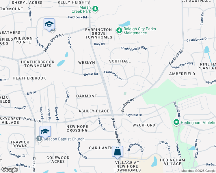 map of restaurants, bars, coffee shops, grocery stores, and more near 4209 Knightsbridge Way in Raleigh