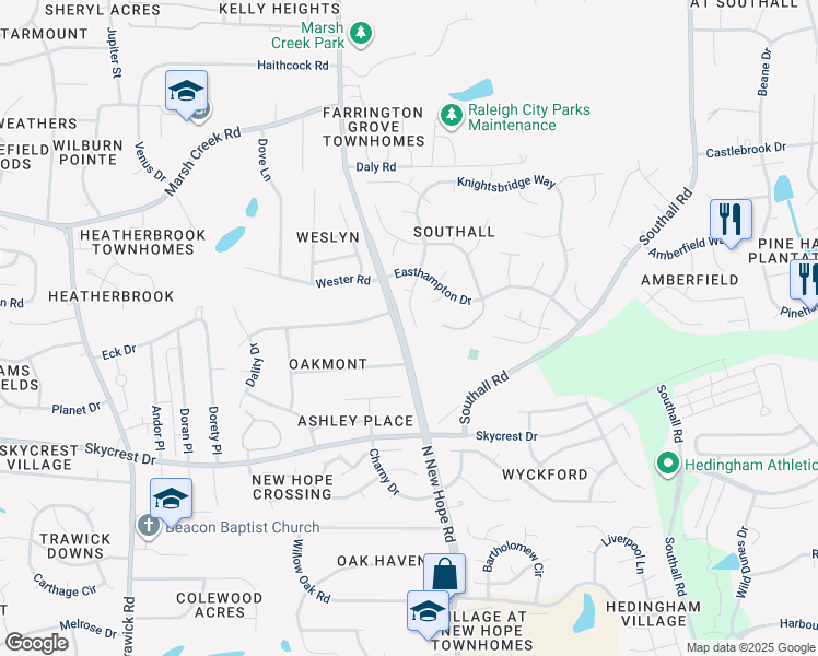 map of restaurants, bars, coffee shops, grocery stores, and more near 4209 Knightsbridge Way in Raleigh
