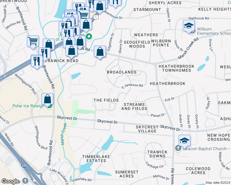 map of restaurants, bars, coffee shops, grocery stores, and more near 2700 Clonnel Court in Raleigh