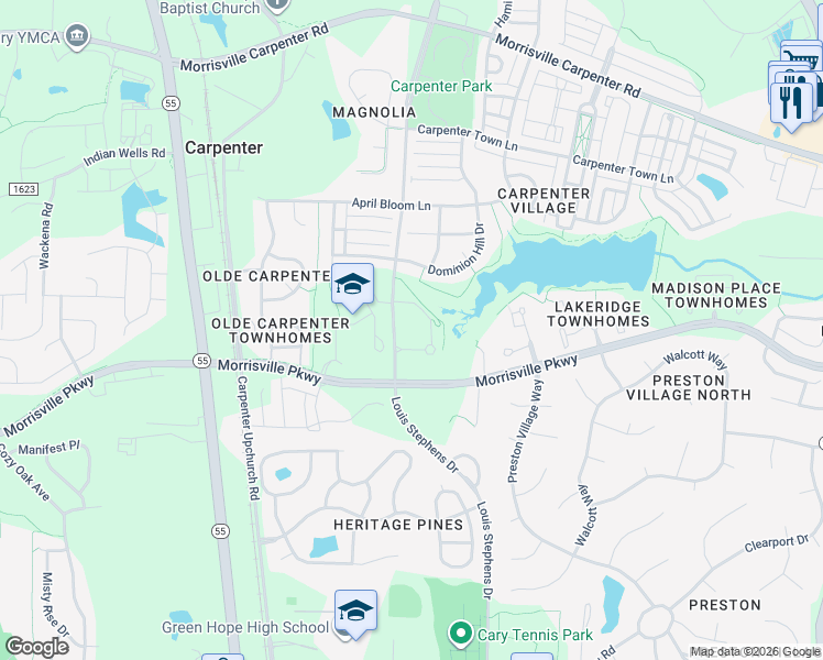 map of restaurants, bars, coffee shops, grocery stores, and more near 3604 Louis Stephens Drive in Cary