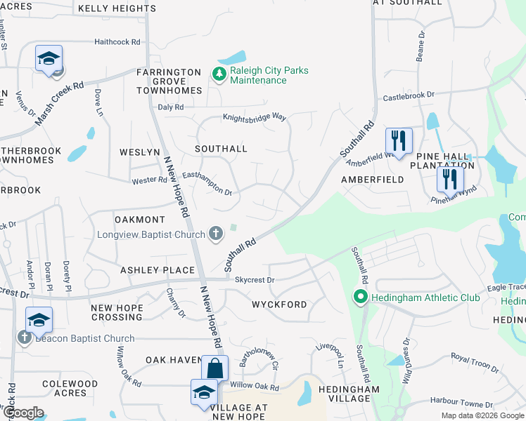 map of restaurants, bars, coffee shops, grocery stores, and more near 4609 Atterbury Court in Raleigh