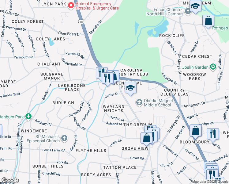 map of restaurants, bars, coffee shops, grocery stores, and more near 2603 Glenwood Avenue in Raleigh