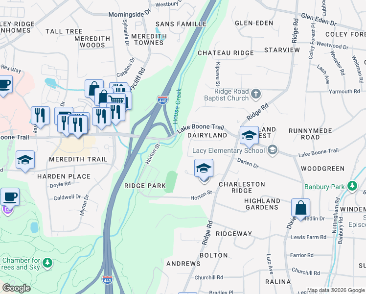 map of restaurants, bars, coffee shops, grocery stores, and more near 1817 Stillwater Drive in Raleigh