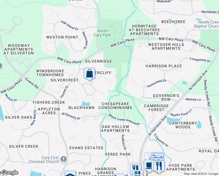 map of restaurants, bars, coffee shops, grocery stores, and more near 306 Silvercliff Trail in Cary
