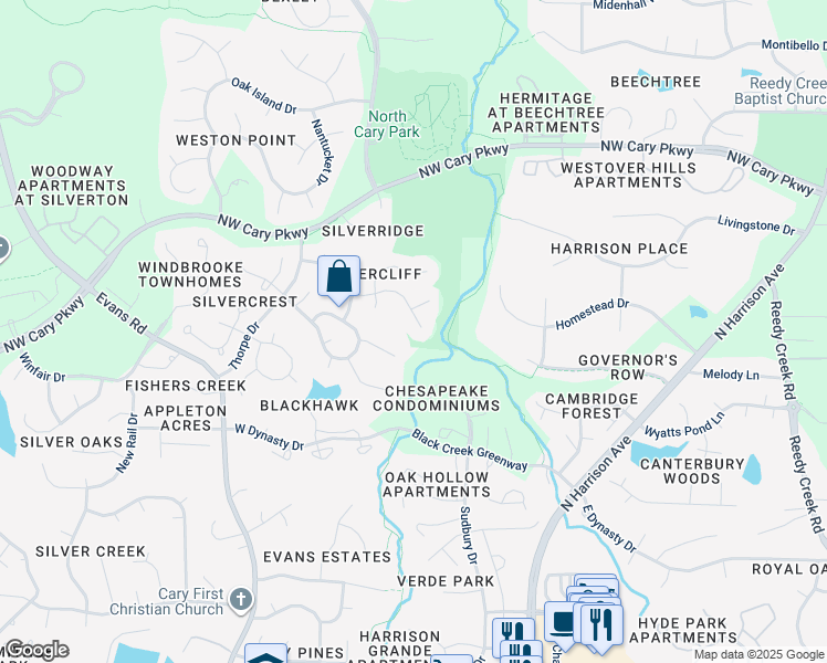 map of restaurants, bars, coffee shops, grocery stores, and more near 306 Silvercliff Trail in Cary