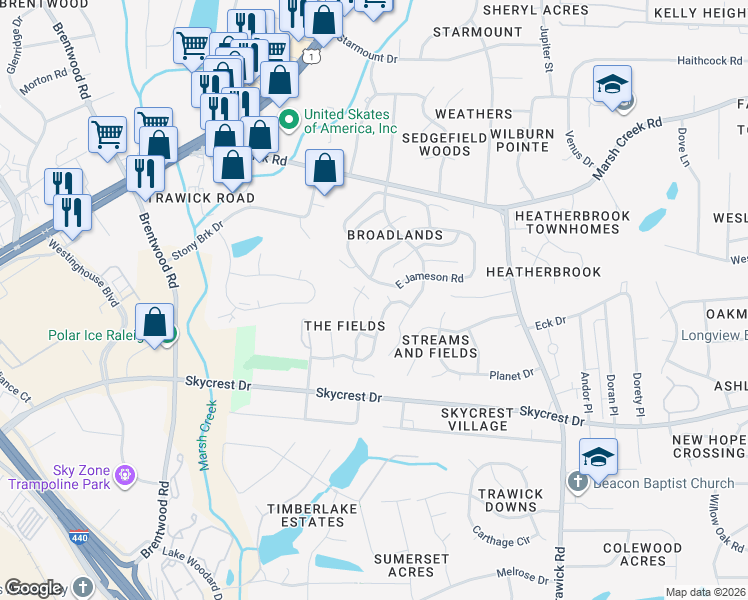 map of restaurants, bars, coffee shops, grocery stores, and more near 2700 Clonnel Court in Raleigh
