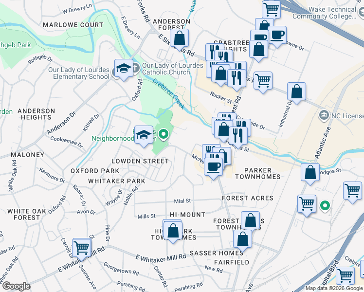 map of restaurants, bars, coffee shops, grocery stores, and more near 705 Hawes Court in Raleigh