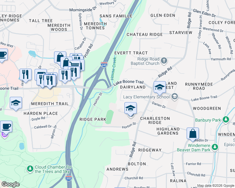 map of restaurants, bars, coffee shops, grocery stores, and more near 1817 Stillwater Drive in Raleigh