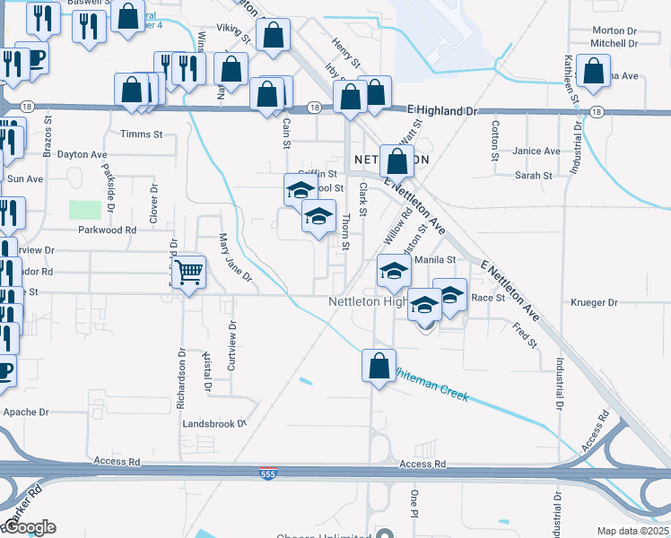 map of restaurants, bars, coffee shops, grocery stores, and more near 2319 Thorn Street in Jonesboro
