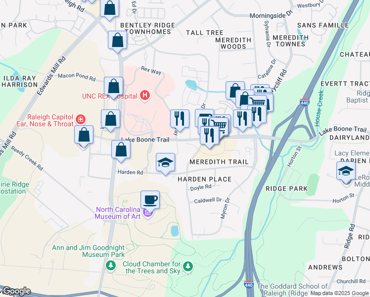 map of restaurants, bars, coffee shops, grocery stores, and more near 2408 Still Forest Pl in Raleigh
