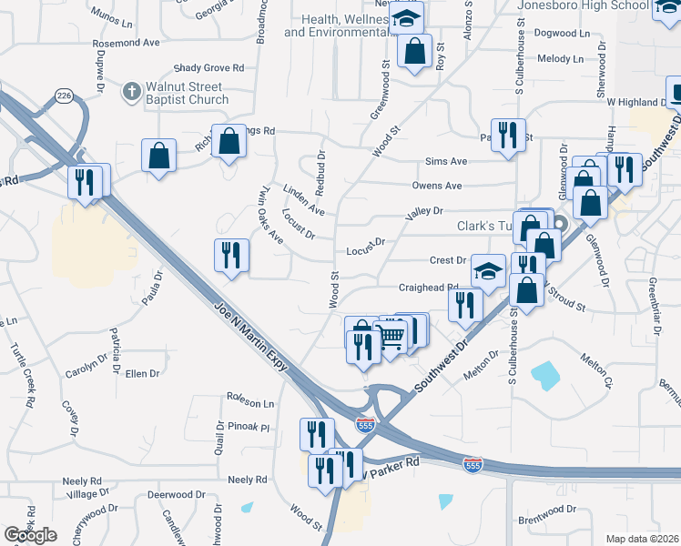 map of restaurants, bars, coffee shops, grocery stores, and more near 917 Locust Drive in Jonesboro