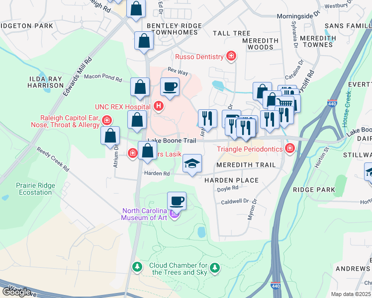 map of restaurants, bars, coffee shops, grocery stores, and more near 4301 Lake Boone Trail in Raleigh