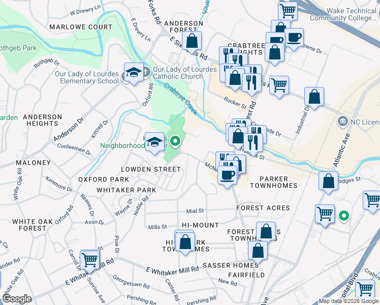 map of restaurants, bars, coffee shops, grocery stores, and more near 705 Hawes Court in Raleigh