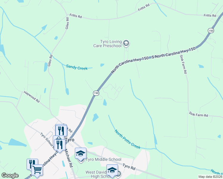 map of restaurants, bars, coffee shops, grocery stores, and more near 3679 North Carolina 150 in Lexington