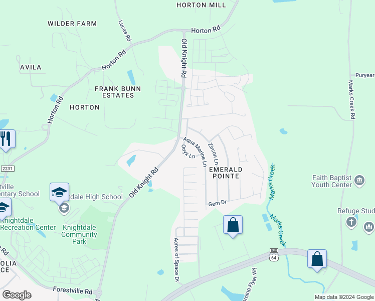 map of restaurants, bars, coffee shops, grocery stores, and more near 202 Onyx Lane in Knightdale