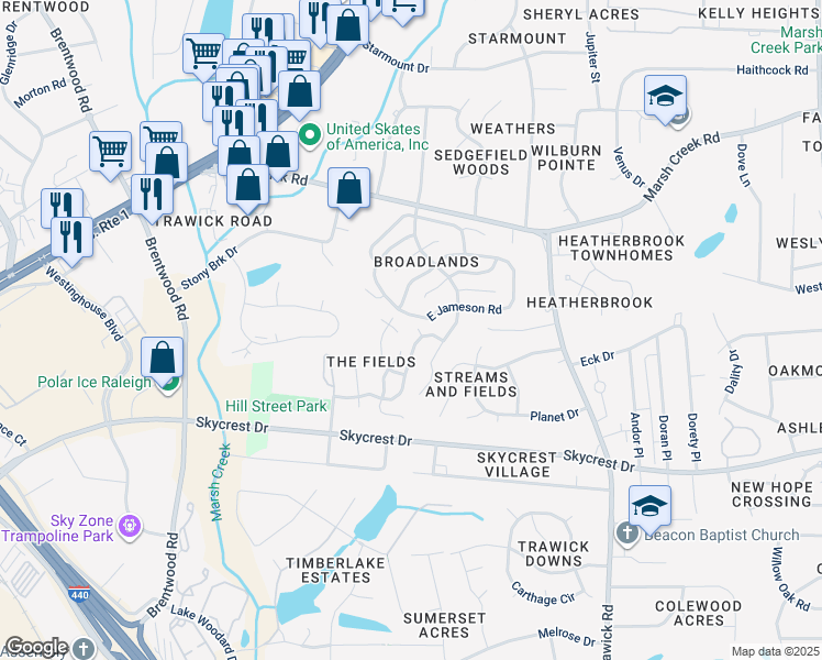 map of restaurants, bars, coffee shops, grocery stores, and more near 2605 Dermotte Lane in Raleigh