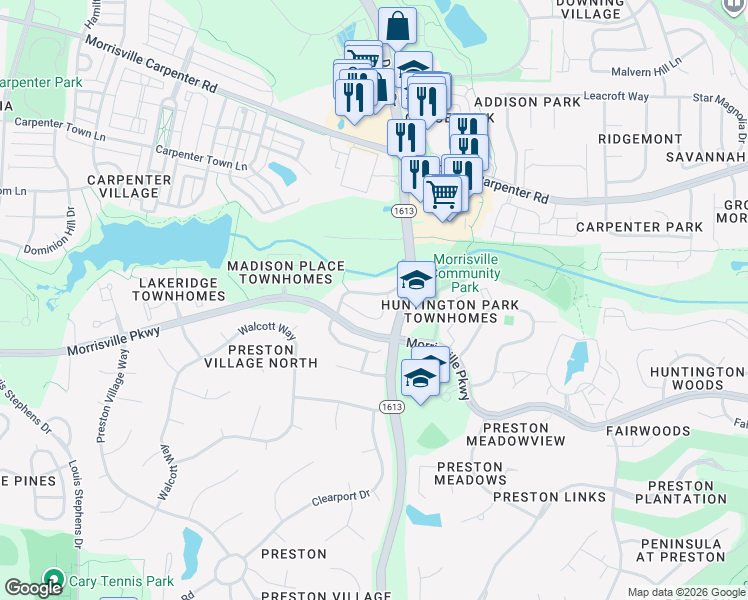 map of restaurants, bars, coffee shops, grocery stores, and more near 1025 Kingston Grove Drive in Cary