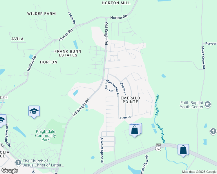 map of restaurants, bars, coffee shops, grocery stores, and more near 202 Onyx Lane in Knightdale