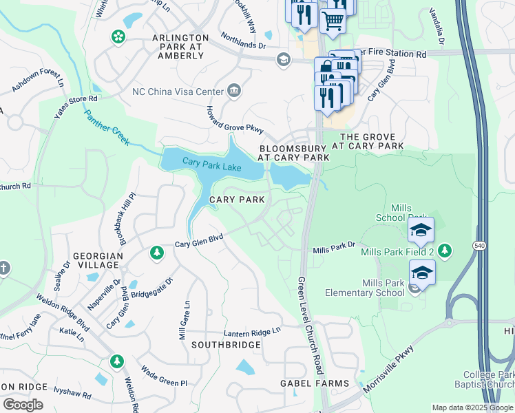 map of restaurants, bars, coffee shops, grocery stores, and more near 305 Aldersbrook Court in Cary