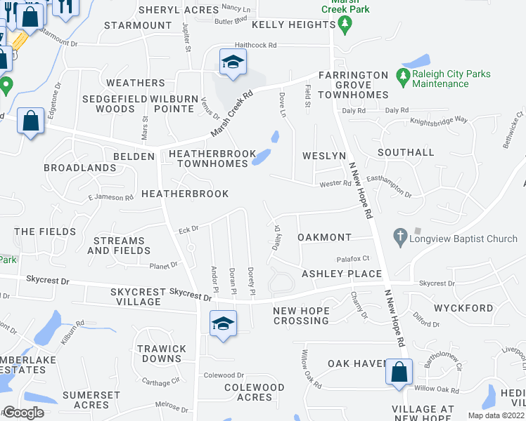 map of restaurants, bars, coffee shops, grocery stores, and more near 2613 Dality Drive in Raleigh