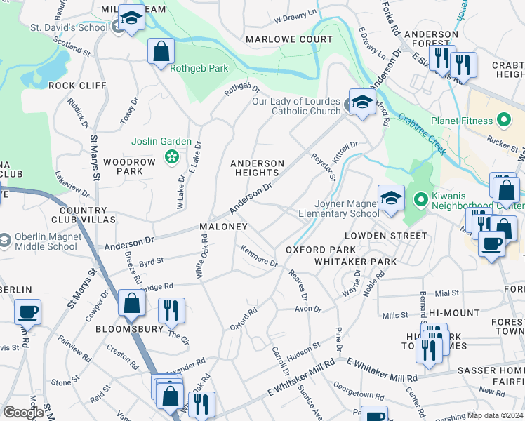 map of restaurants, bars, coffee shops, grocery stores, and more near 2719 Cooleemee Drive in Raleigh