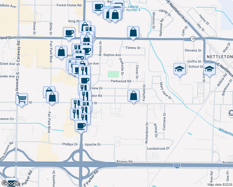 map of restaurants, bars, coffee shops, grocery stores, and more near 2400 Middlefield Drive in Jonesboro