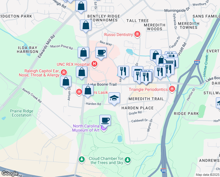 map of restaurants, bars, coffee shops, grocery stores, and more near 4301 Lake Boone Trail in Raleigh