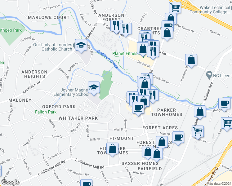 map of restaurants, bars, coffee shops, grocery stores, and more near 2604 Noble Road in Raleigh