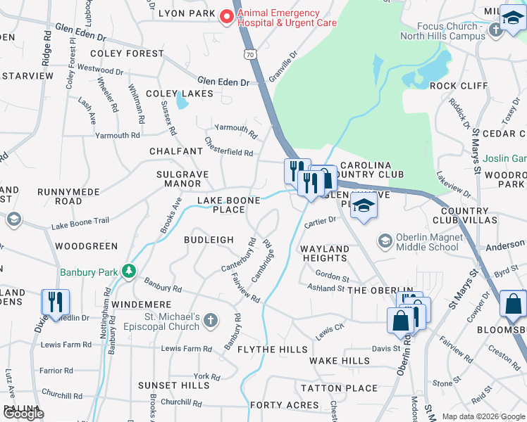 map of restaurants, bars, coffee shops, grocery stores, and more near 3022 Cambridge Road in Raleigh