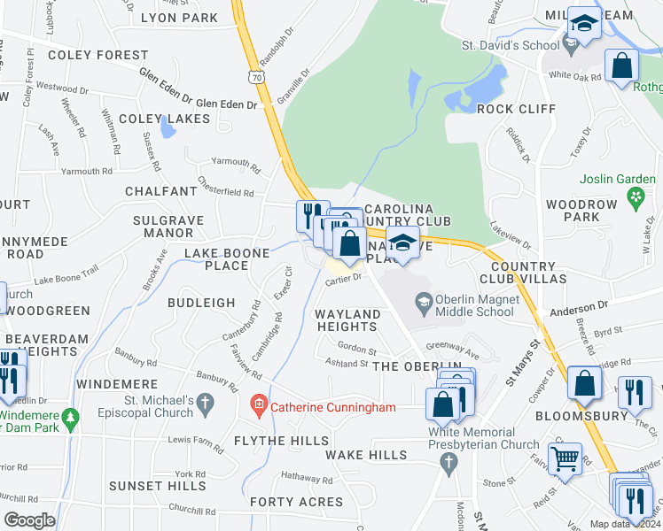 map of restaurants, bars, coffee shops, grocery stores, and more near 2603 Glenwood Avenue in Raleigh