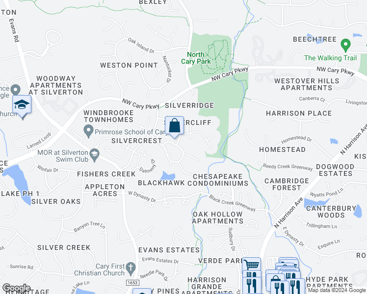 map of restaurants, bars, coffee shops, grocery stores, and more near 302 Rushingwater Drive in Cary