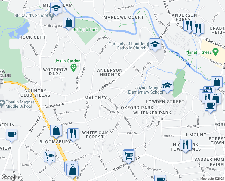 map of restaurants, bars, coffee shops, grocery stores, and more near 2719 Cooleemee Drive in Raleigh
