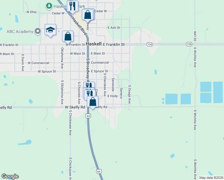 map of restaurants, bars, coffee shops, grocery stores, and more near 501 Seminole in Haskell
