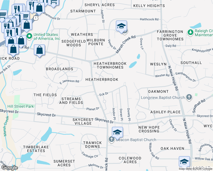 map of restaurants, bars, coffee shops, grocery stores, and more near Water Walk Lane in Raleigh