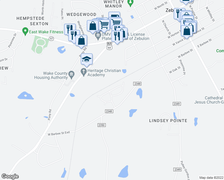 map of restaurants, bars, coffee shops, grocery stores, and more near 158 Westside Circle in Zebulon