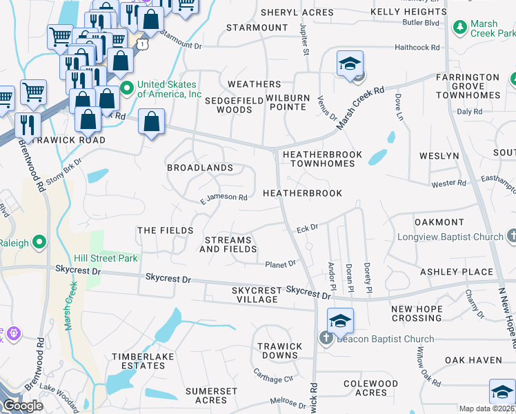 map of restaurants, bars, coffee shops, grocery stores, and more near 3509 Streams of Fields Drive in Raleigh