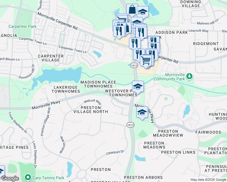 map of restaurants, bars, coffee shops, grocery stores, and more near 1054 Kingston Grove Drive in Cary