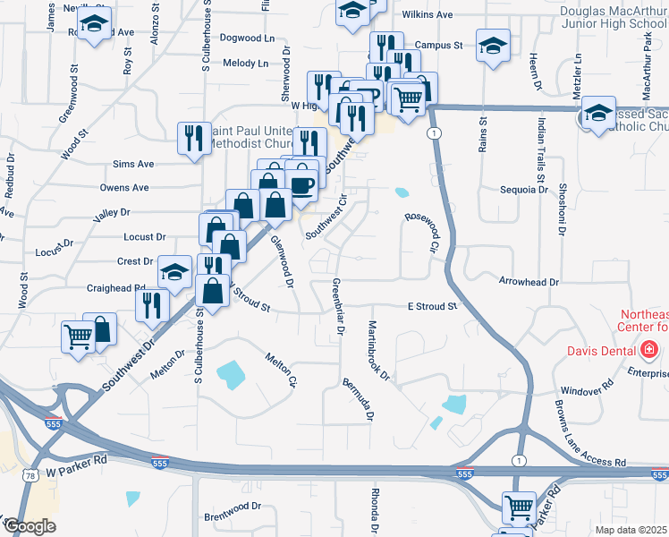 map of restaurants, bars, coffee shops, grocery stores, and more near 2712 Southwest Square in Jonesboro
